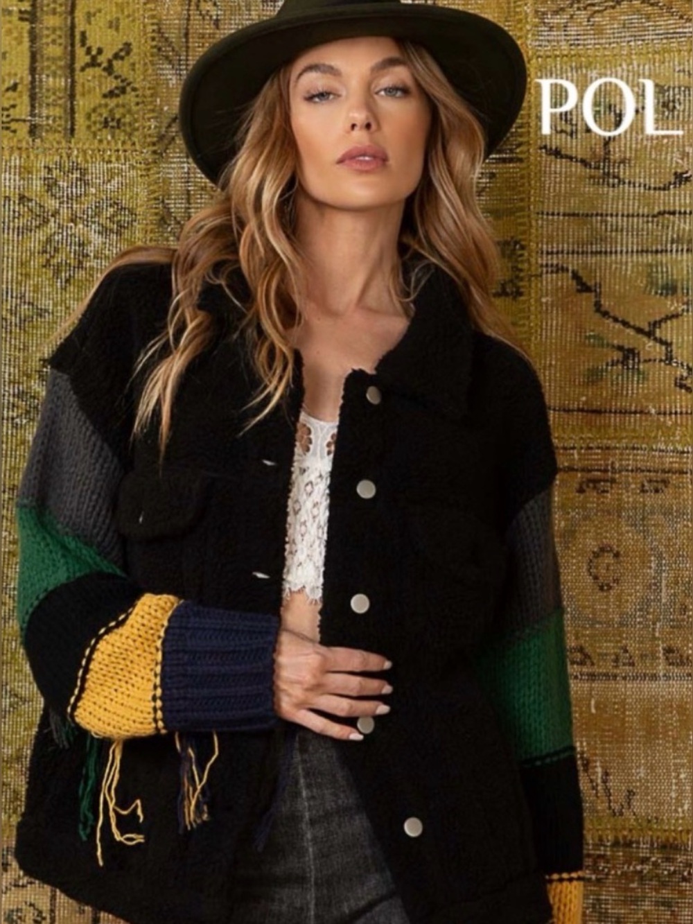 NWT POL Clothing Oversized Fleece Shacket with Contrast Crochet Fringe Sleeves